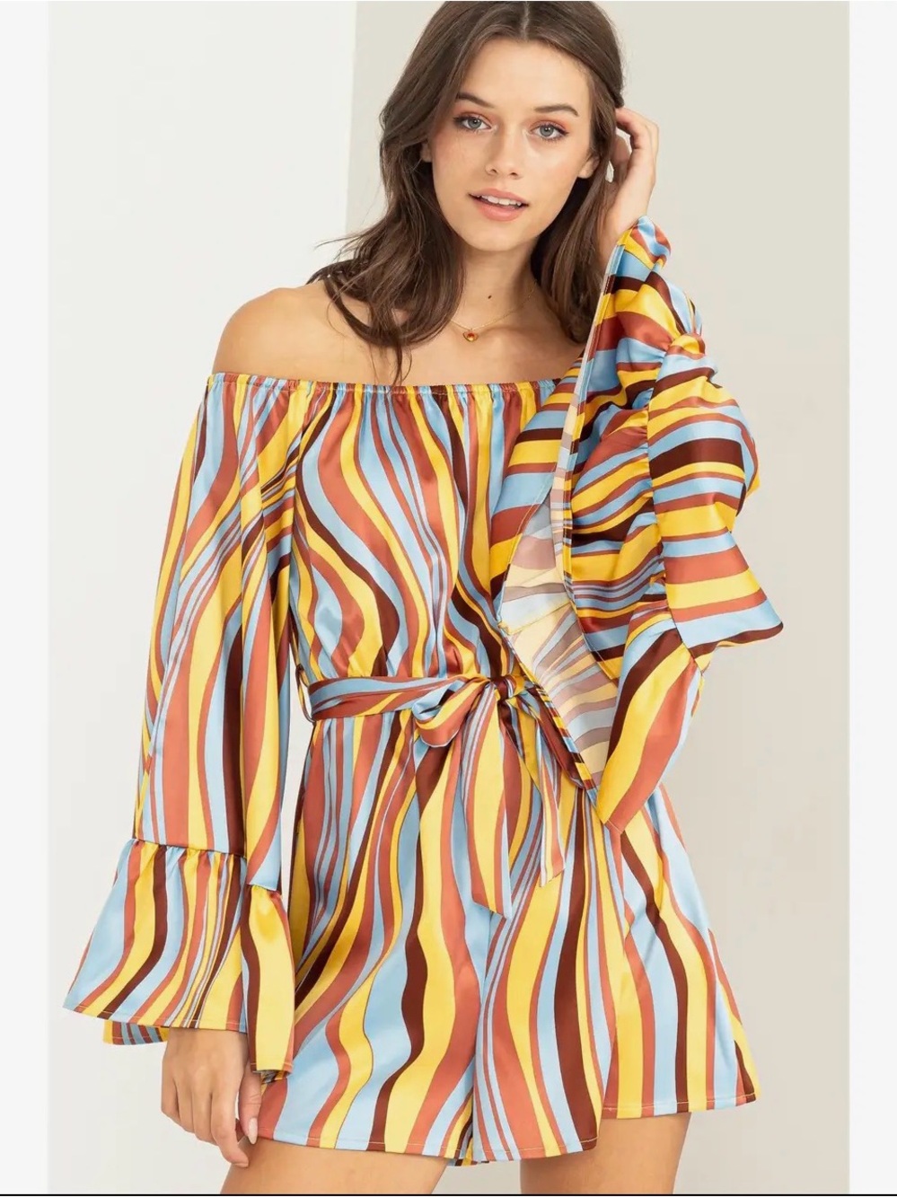 HYFVE One-Shoulder Multicolor Striped Dress in Blue, Yellow & Brown